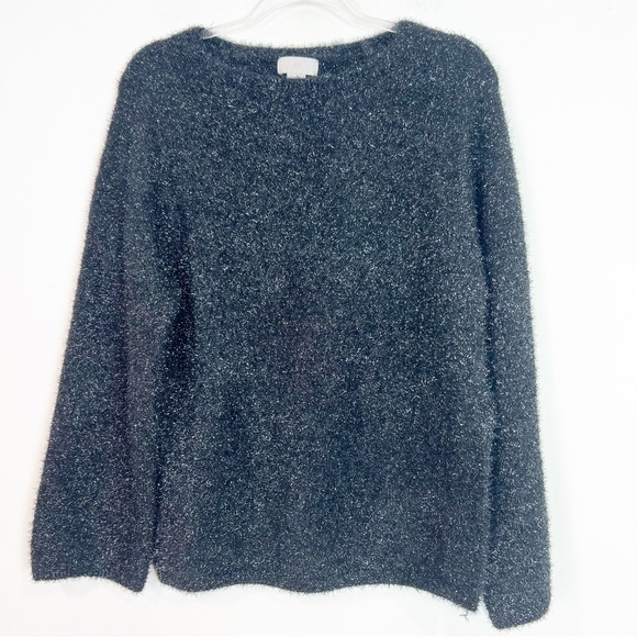 H&M BLACK METALLIC EYELASH FUZZY LONG SLEEVE PULLOVER SWEATER WOMENS SZ XS - Picture 8 of 8